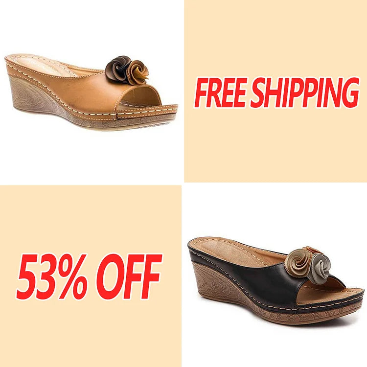 😍Last Day 50% OFF-Womens Comfy Leather Solid Flower Strap Wedge Sandals