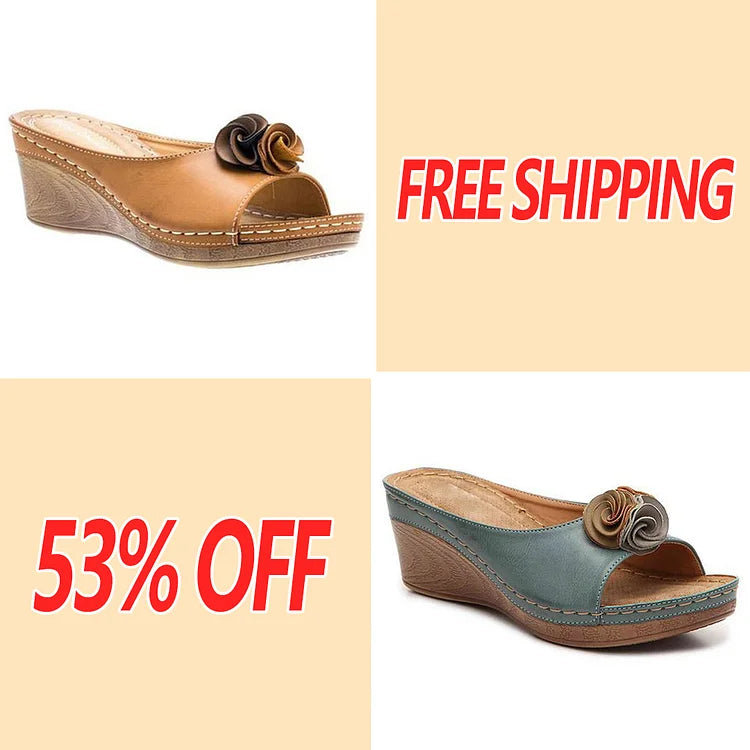 😍Last Day 50% OFF-Womens Comfy Leather Solid Flower Strap Wedge Sandals