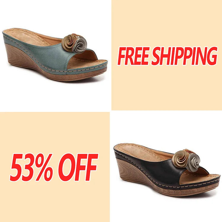 😍Last Day 50% OFF-Womens Comfy Leather Solid Flower Strap Wedge Sandals