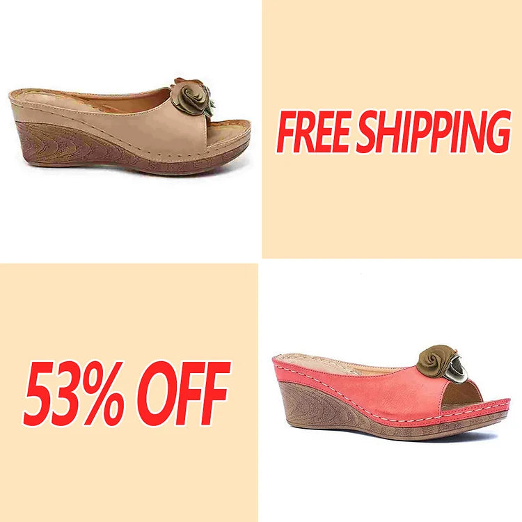 😍Last Day 50% OFF-Womens Comfy Leather Solid Flower Strap Wedge Sandals