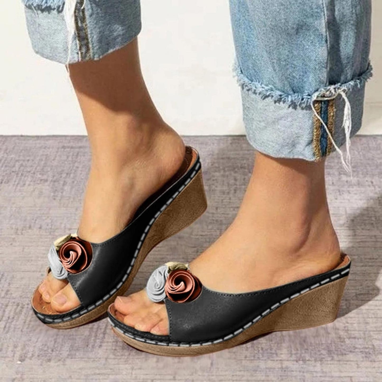 😍Last Day 50% OFF-Womens Comfy Leather Solid Flower Strap Wedge Sandals