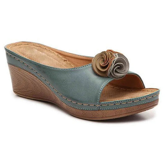 😍Last Day 50% OFF-Womens Comfy Leather Solid Flower Strap Wedge Sandals