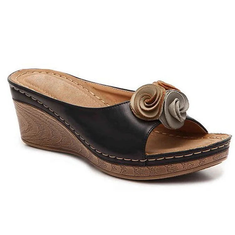 😍Last Day 50% OFF-Womens Comfy Leather Solid Flower Strap Wedge Sandals