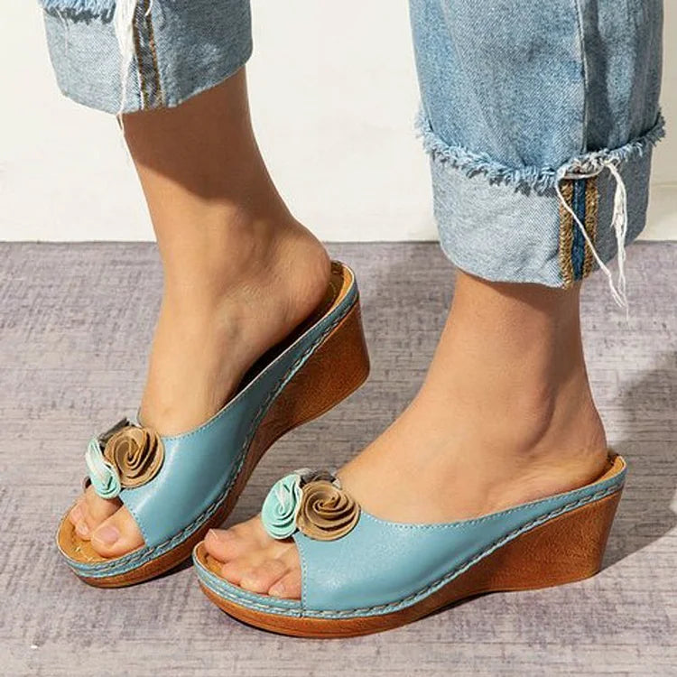 😍Last Day 50% OFF-Womens Comfy Leather Solid Flower Strap Wedge Sandals