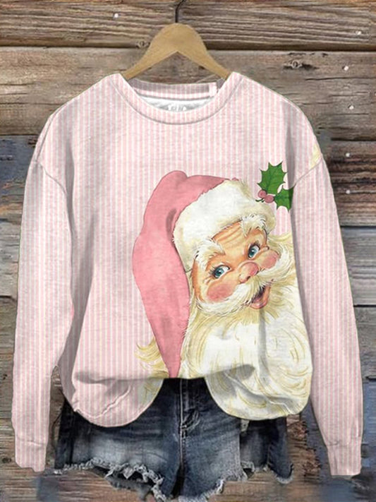 Pink Striped Santa Print Crew Neck Sweatshirt