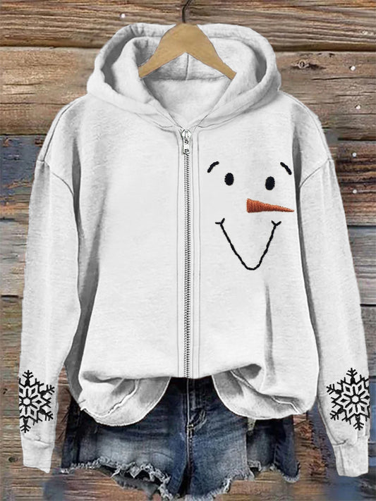 Snowman Face & Snowflakes Embroidery Full Zip Hoodie