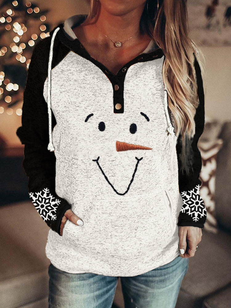 Snowman Face & Snowflakes Embroidery Raglan Hoodie