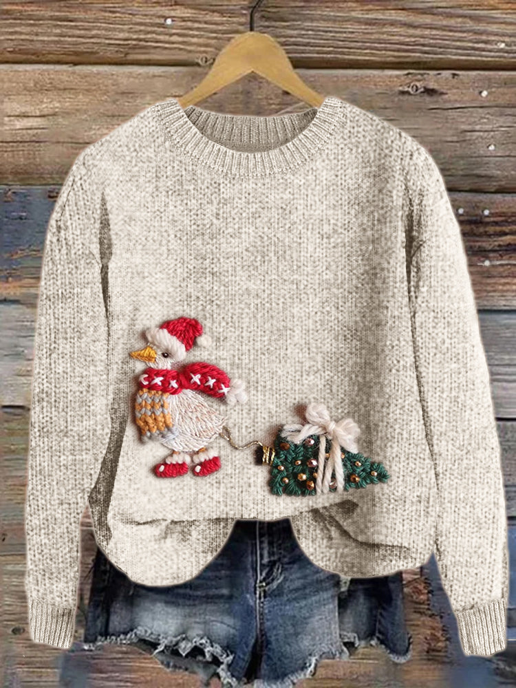 Christmas Duck & Christmas Tree Embroidery Art Cozy Sweater