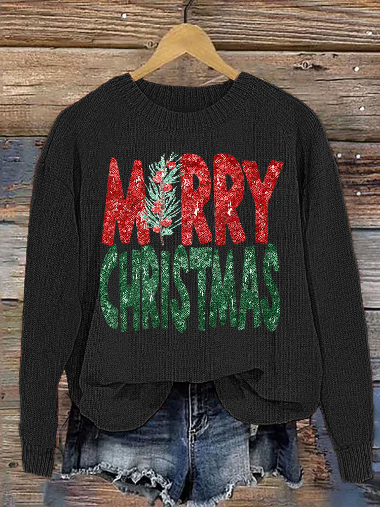 Merry Christmas Sequin Print Casual Cozy knit Sweater