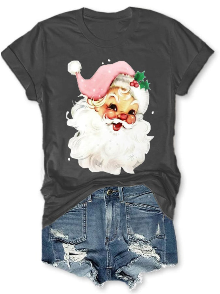 Christmas Retro Pink Santa Print T Shirt