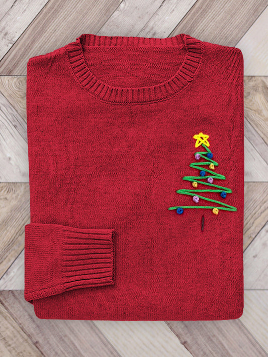 Line Art Christmas Tree Embroidery Art Cozy Knit Sweater