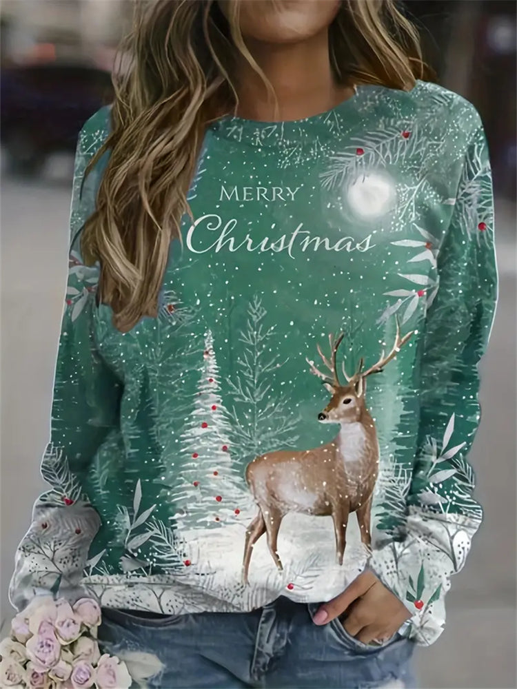 Christmas Deer Print Pullover Sweatshirt