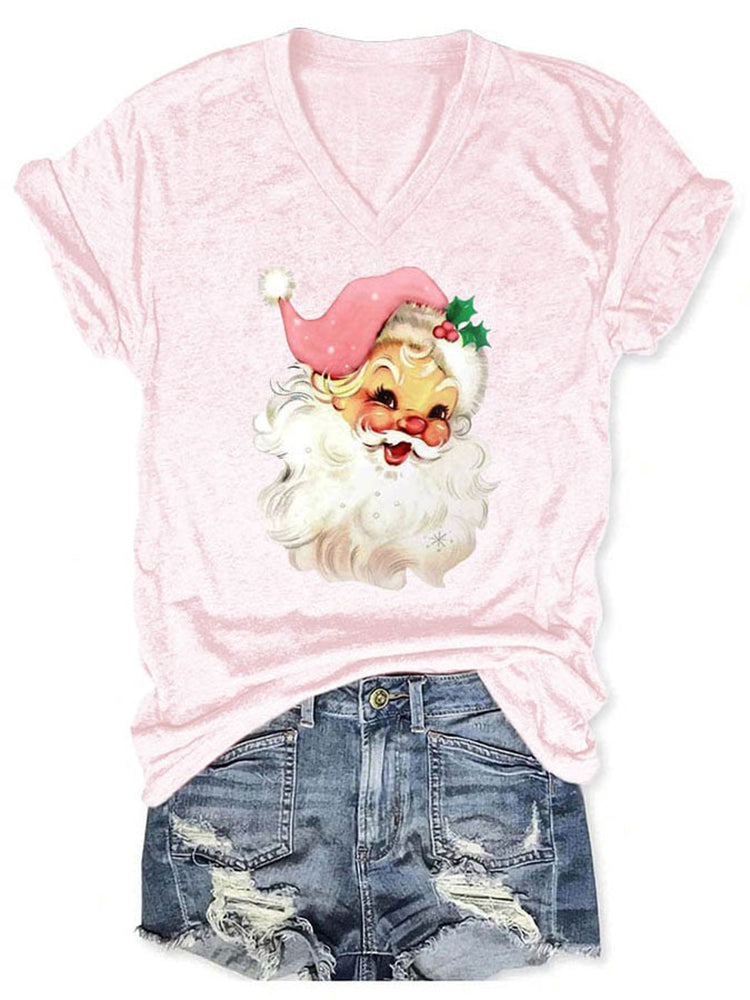 Christmas Pink Santa Print V Neck T-Shirt