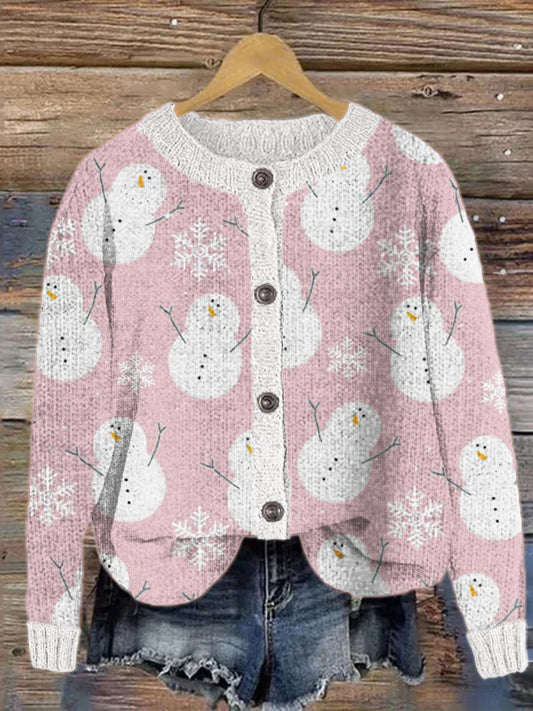 Snowman & Snowflake Pattern Vintage Cozy Knit Cardigan