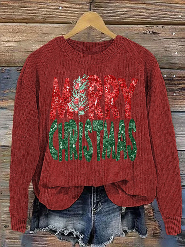 Merry Christmas Sequin Print Casual Cozy knit Sweater