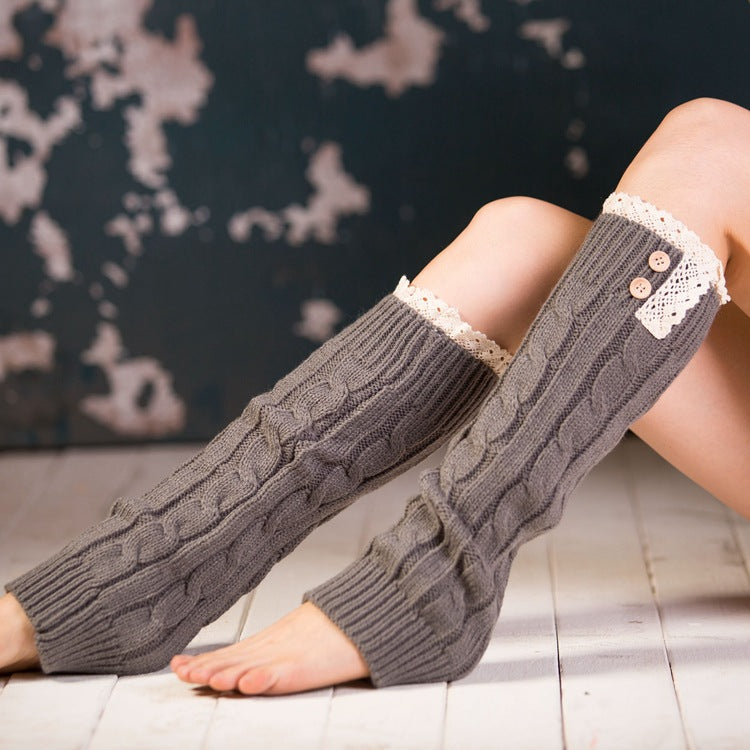 Soft Warm Lace Button Retro Jacquard Knitted Socks