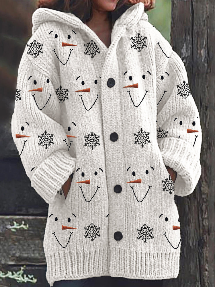 Snowman Faces & Snowflakes Embroidery Pattern Cozy Hooded Cardigan