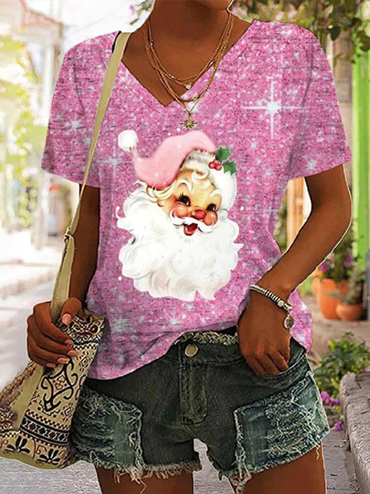 Women's Pink Christmas Santa Print V Neck T-Shirt