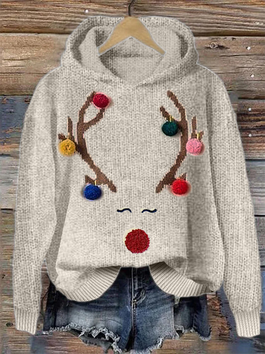 Colorful Christmas Reindeer Knit Art Cozy Knit Hoodie