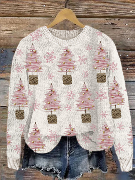 Pink Christmas Tree & Snowflakes Embroidery Pattern Cozy Sweater