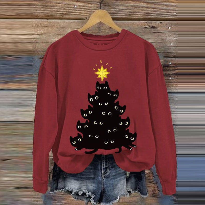 Christmas Tree Cat Print Crew Neck Sweatshirt