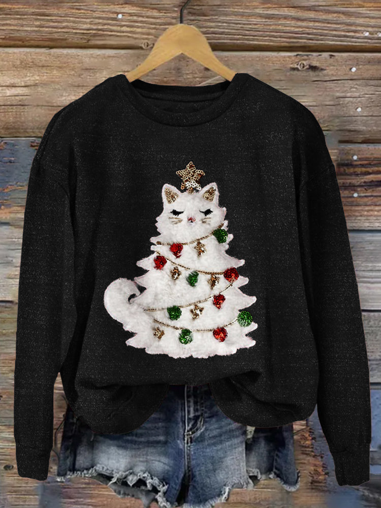 Cute Christmas Cat Tree Art Cozy Sweatshirt