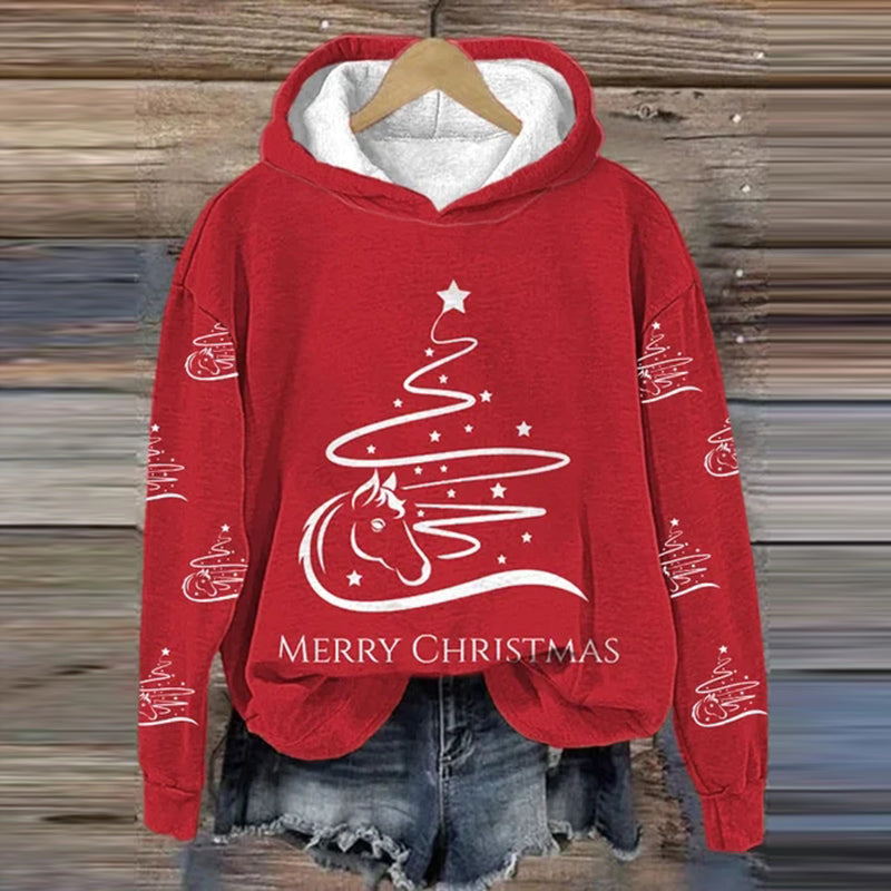 Women's Merry Christmas Horse Christmas Tree Print Hoodie