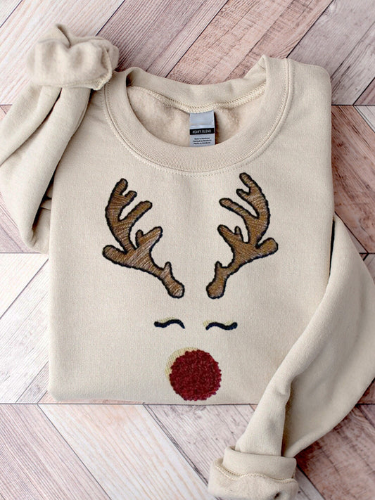 Lovely Christmas Reindeer Face Embroidery Comfy Sweatshirt