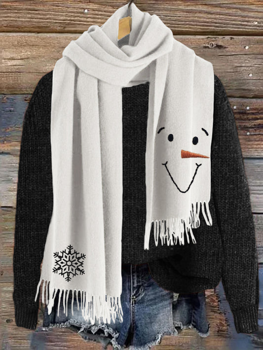 Snowman Face & Snowflakes Embroidery Cozy Scarf