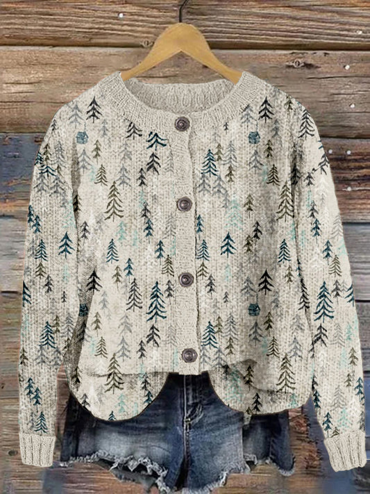 Christmas Trees Graphic Crew Neck Cozy Knit Cardigan