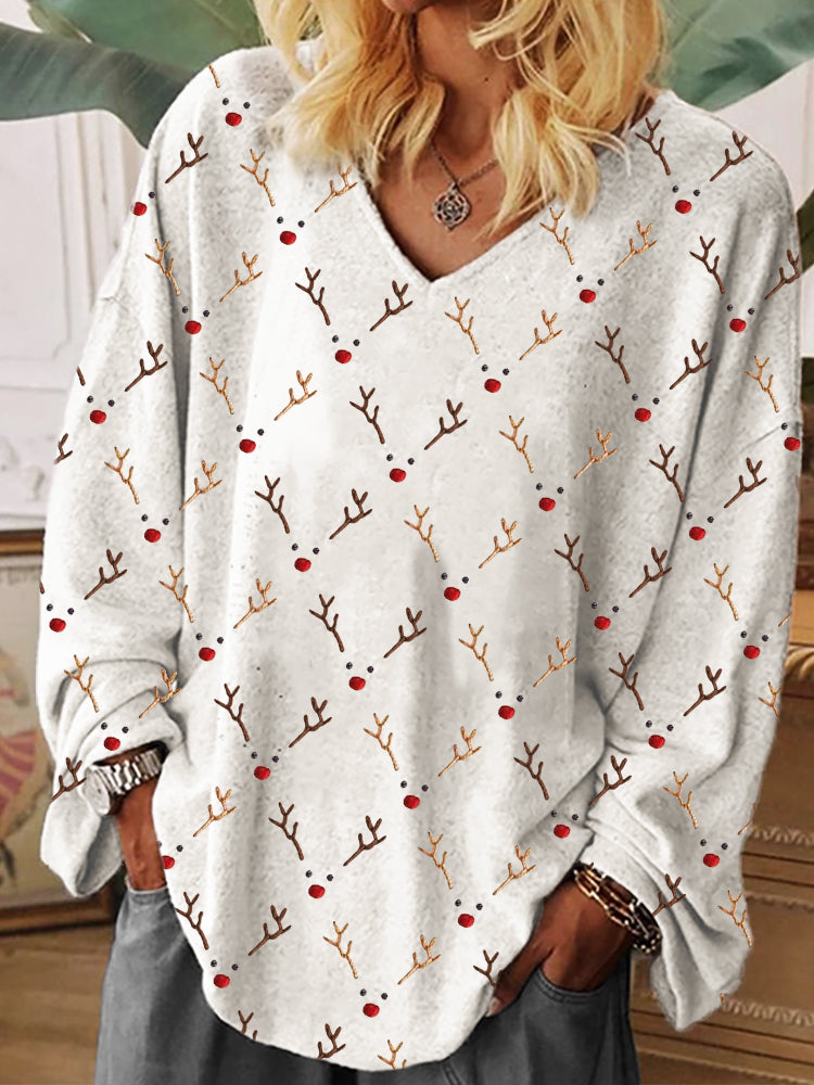 Christmas Reindeer Faces Embroidery Pattern Cozy Oversize T Shirt