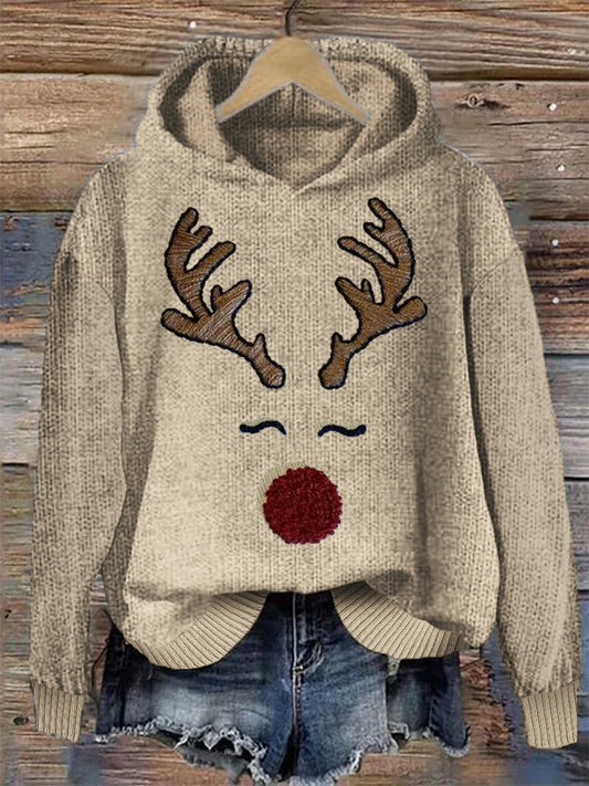 Lovely Christmas Reindeer Face Embroidery Cozy Knit Hoodie