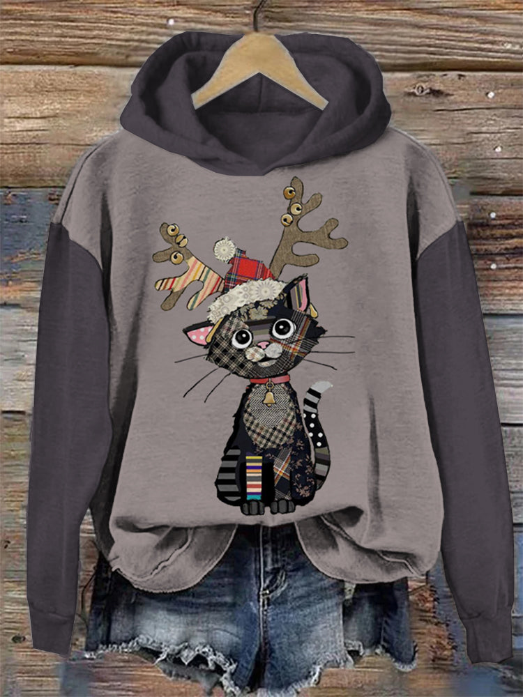 Christmas Cat Print Hooded Sweatshirt