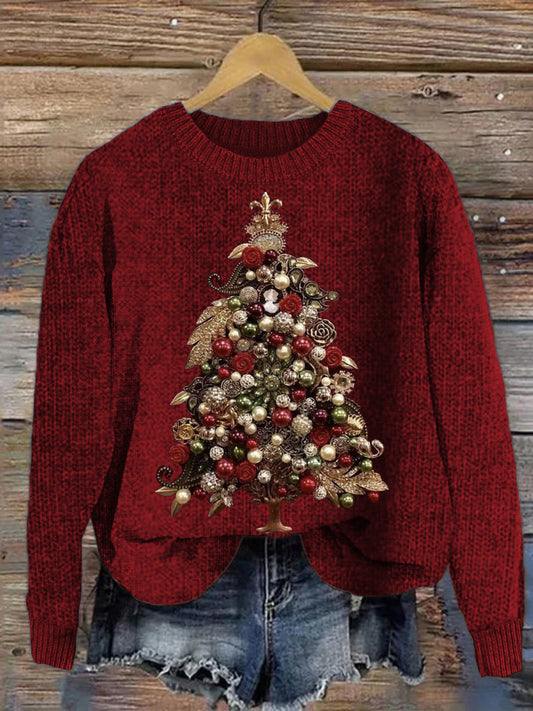 Elegant Christmas Tree Jewel Art Cozy Knit Sweater