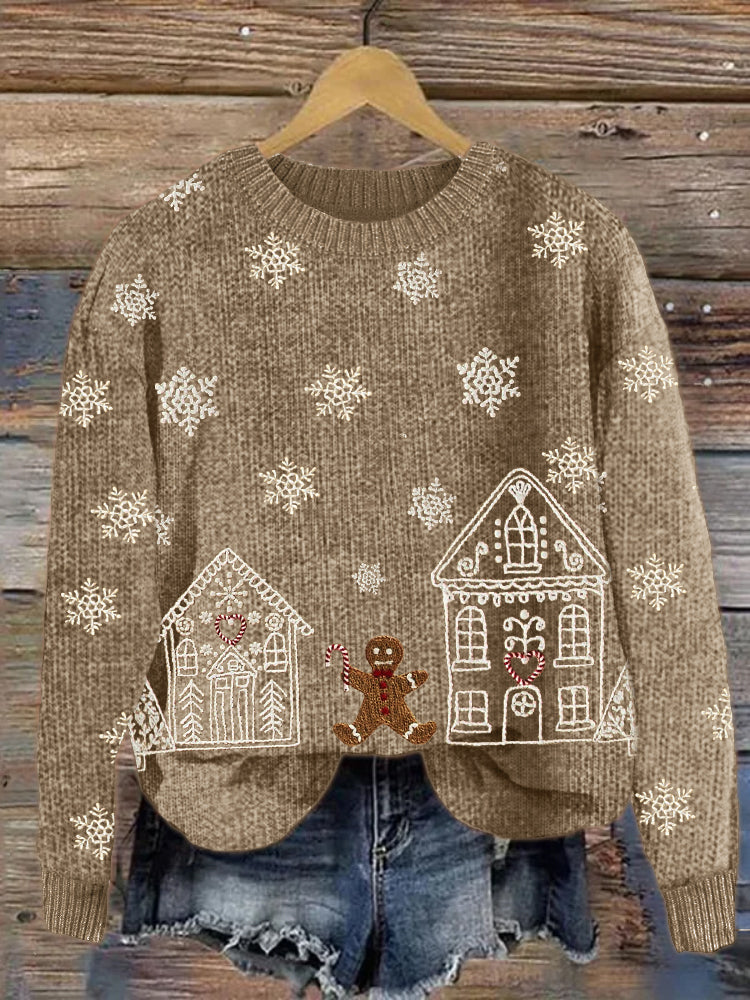 Christmas Snowy Gingerbread Village Embroidery Cozy Sweater