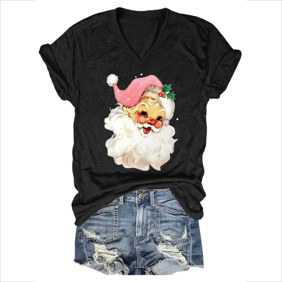 Christmas Pink Santa Print V Neck T-Shirt