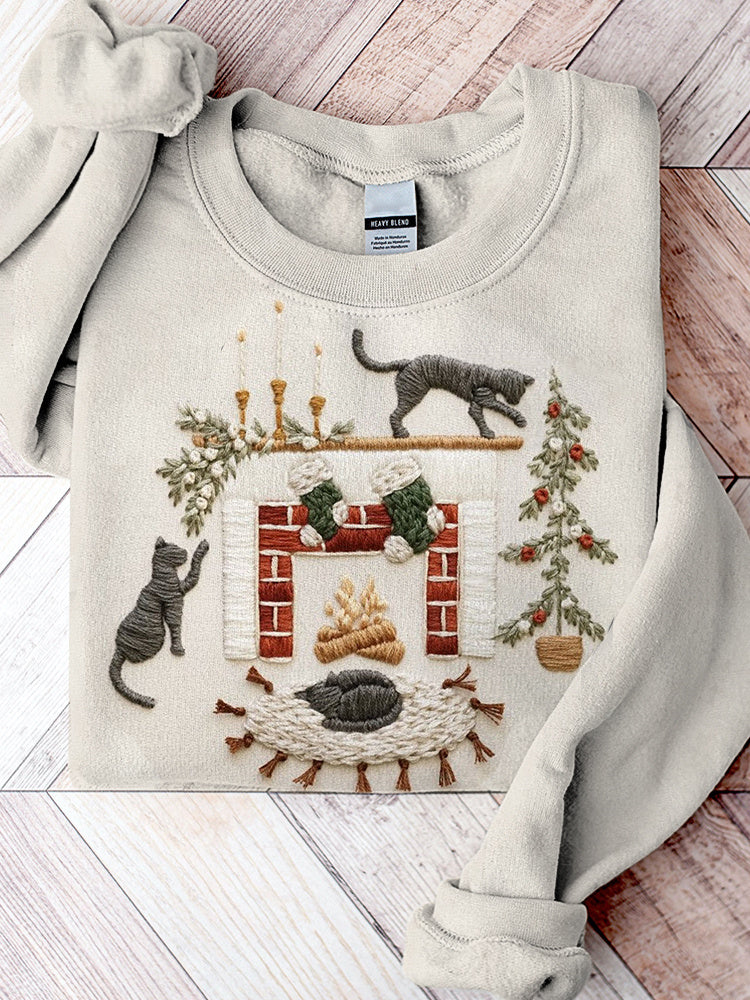 Cat Christmas Fireplace Embroidery Art Casual Cozy Sweatshirt