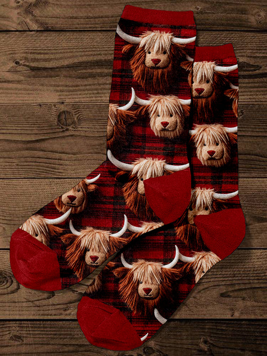 Red Plaid Highland Cow Embroidery Art Comfy Socks