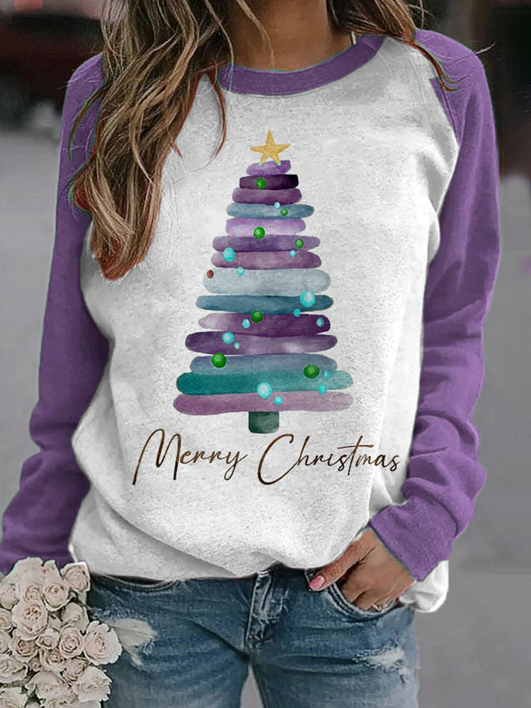 Purple Merry Christmas Tree Print Sweatshirt