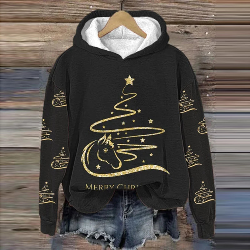 Women's Merry Christmas Horse Christmas Tree Print Hoodie