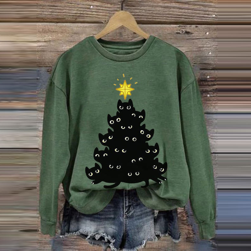 Christmas Tree Cat Print Crew Neck Sweatshirt