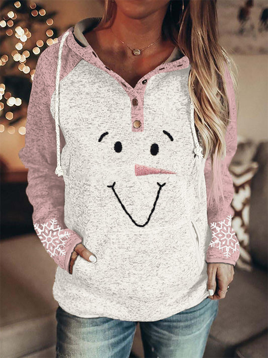 Snowman Face & Snowflakes Embroidery Raglan Hoodie