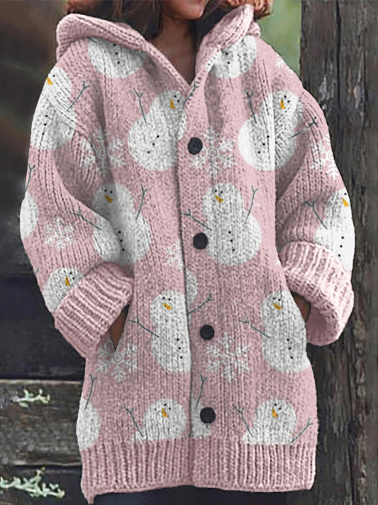 Snowman & Snowflake Pattern Cozy Knit Hooded Cardigan