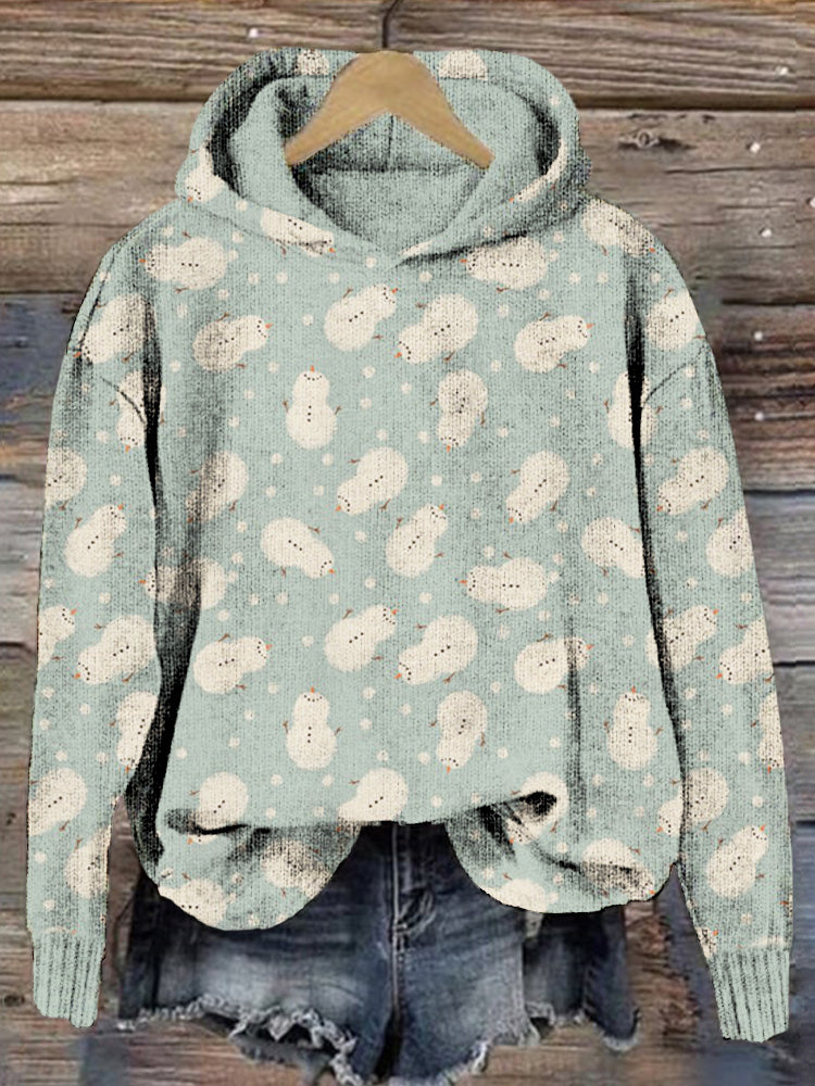 Cute Winter Snowman Graphic Vintage Cozy Knit Hoodie