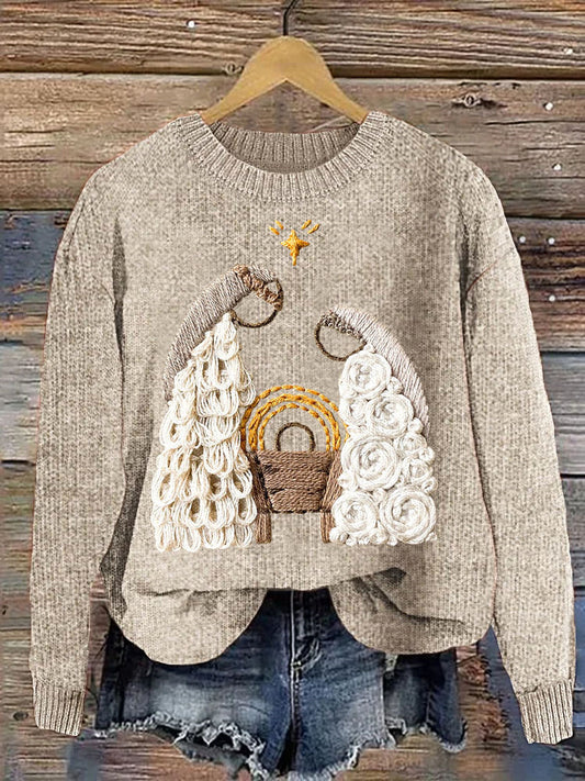 Christmas Nativity Embroidery Art Casual Cozy Knit Sweater