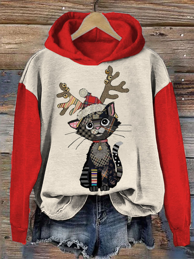 Christmas Cat Print Hooded Sweatshirt