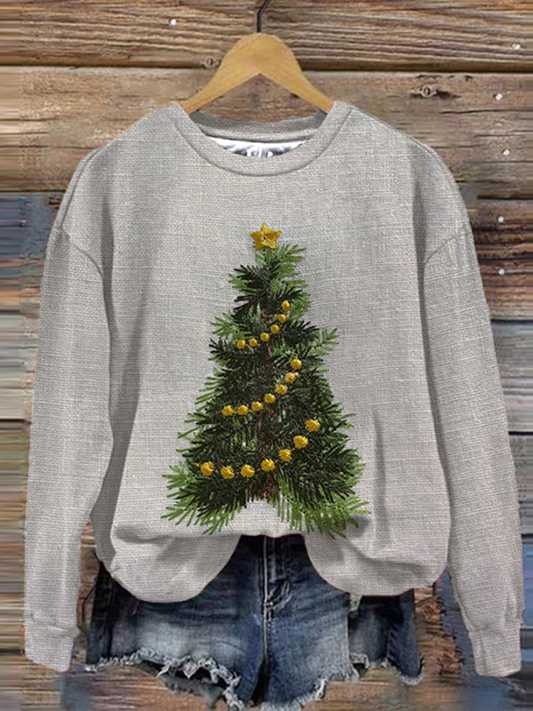 Christmas Tree Print Crew Neck Casual Sweatshirt