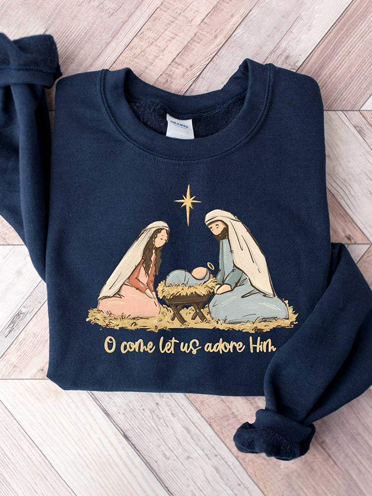 Oh Come Let Us Adore Him Embroidered Art Casual Cozy Sweatshirt