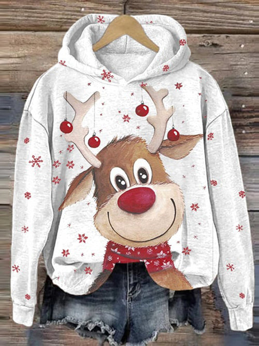 Christmas Elk Print Long Sleeve Hoodie