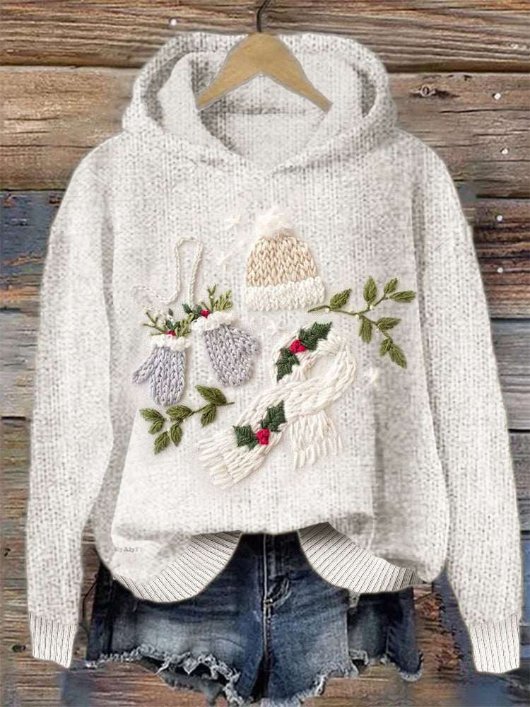 Christmas Winter Necessities Embroidery Art Cozy Knit Hoodie